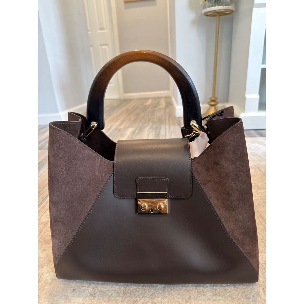 Claudia Firenze Dark Brown Leather Suede Satchel Wood Handle Made in Italy NWT